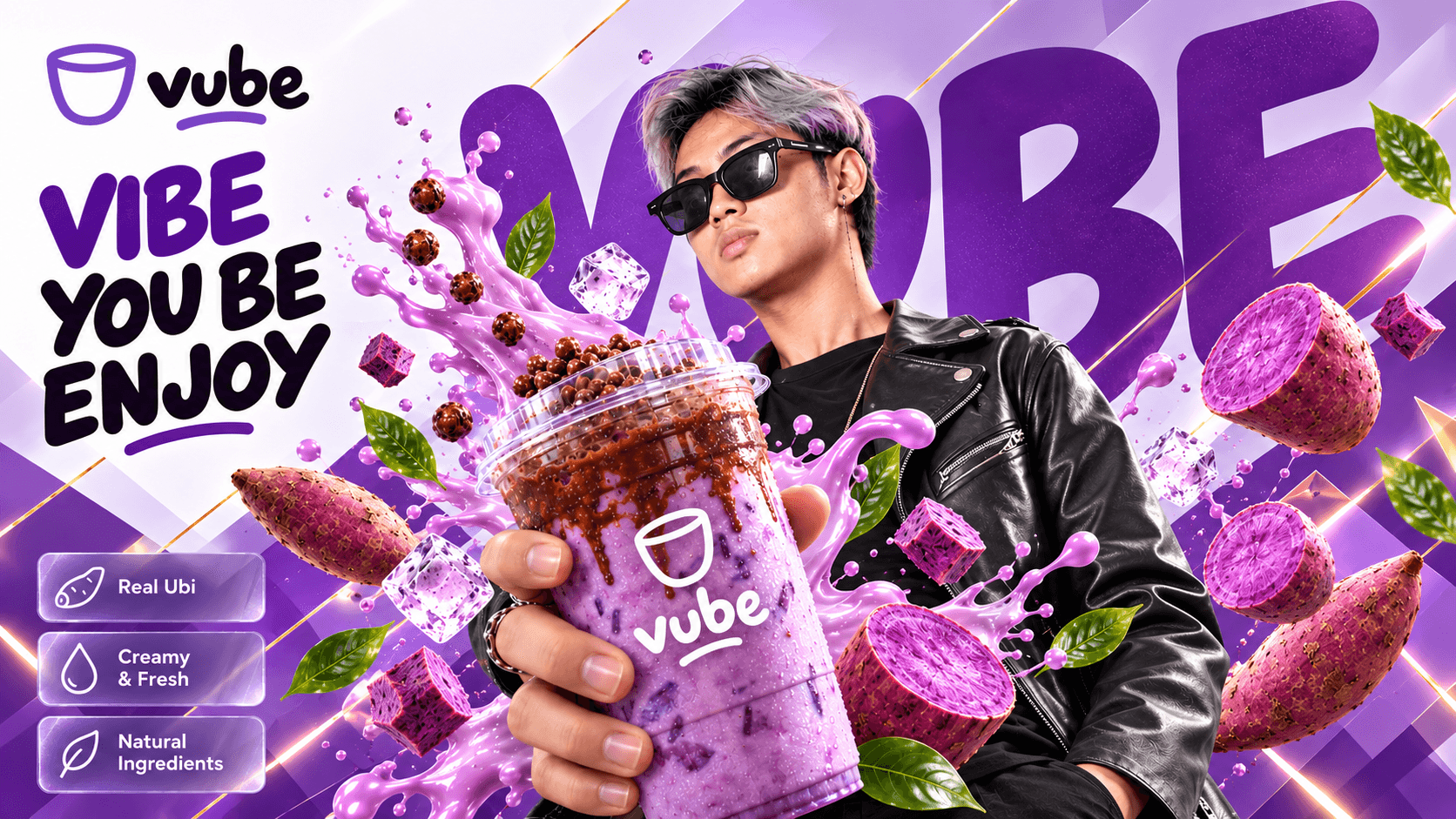 Poster kampanye vube dengan minuman ungu dan kreator