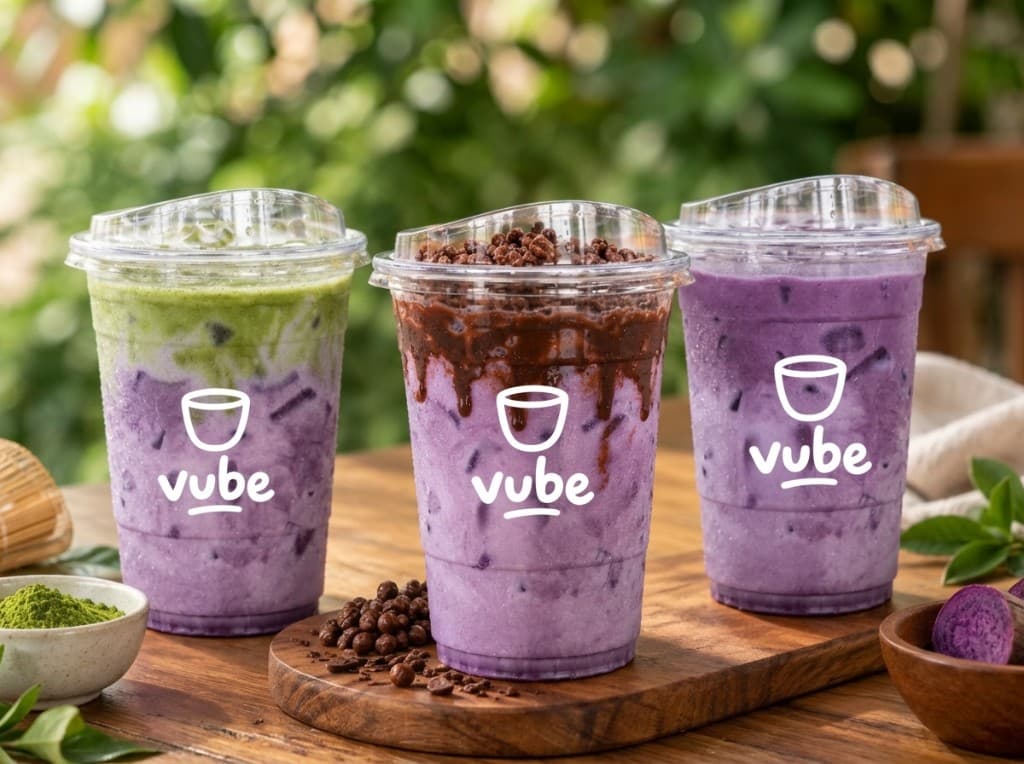 Tiga cup vube di talenan: matcha, cokelat, dan original ungu